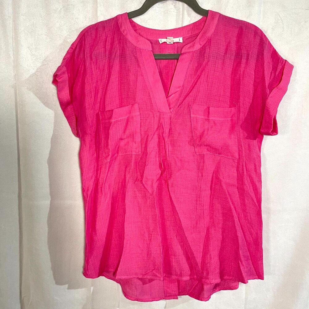 MINE Pink Textured Short Sleeve Split Neck‎ Top Womens Size S